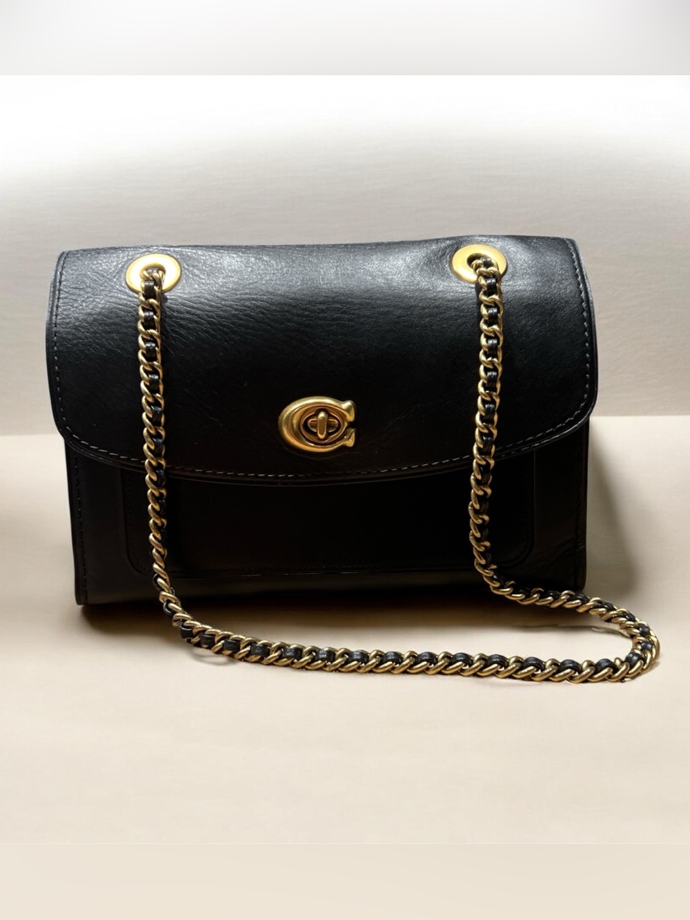 Coach Parker Black Leather Shoulder Bag with Gold Chain